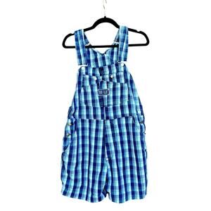 Vintage 1990s True Blue Plaid Overall Shorts Cotton Blue White Checker Shortalls